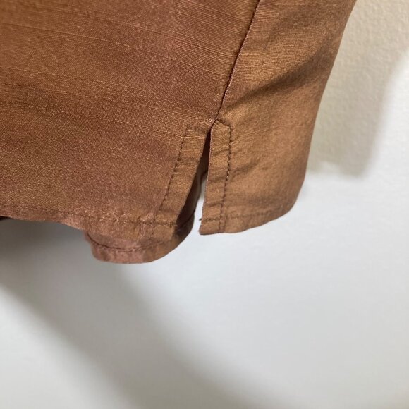 Womens Talbots Slub Silk Ruffle V Neck Blouse Back Button Cap Sleeve 12 Brown - Picture 6 of 9